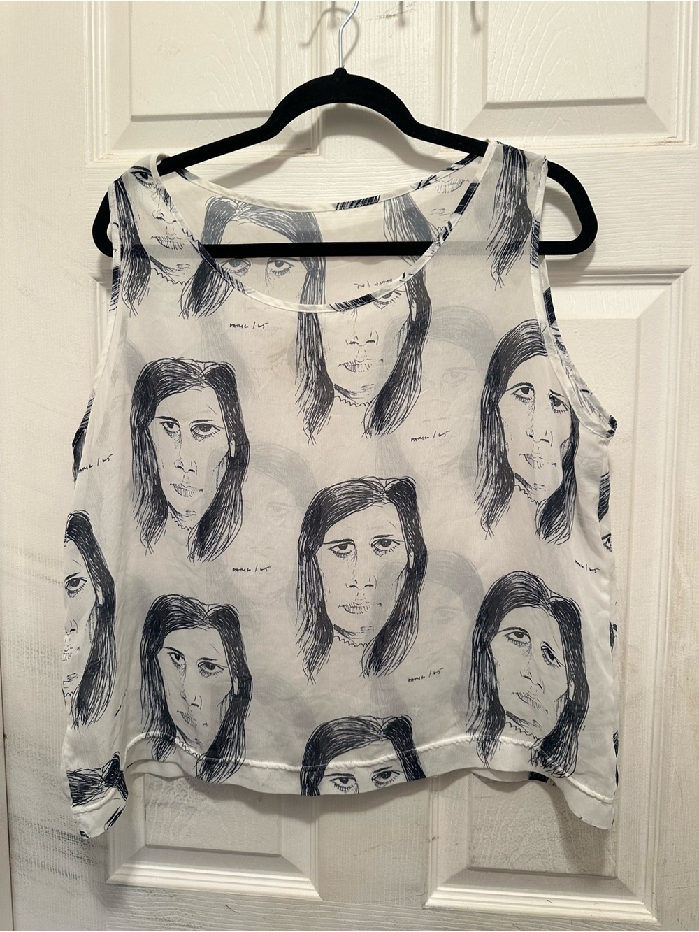 American Apparel White Tank with Black Sketch-Face Print